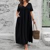 Women's V Neck Short Sleeve Textured Wrinkle Effect Loose Fit Dress with Pockets Casual Comfortable Midi Length