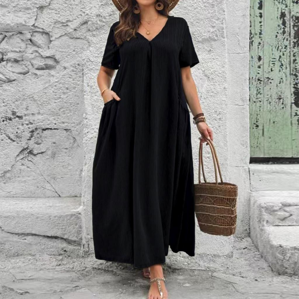 Women's V Neck Short Sleeve Textured Wrinkle Effect Loose Fit Dress with Pockets Casual Comfortable Midi Length
