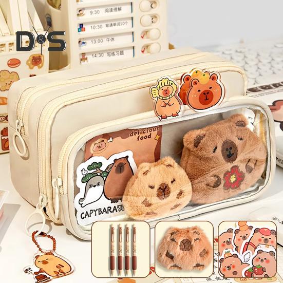 Capybara Pencil Case Large Capacity Multi-Layer Canvas Pen Bag with Compartments Waterproof Material DIY Pencil Case Kit