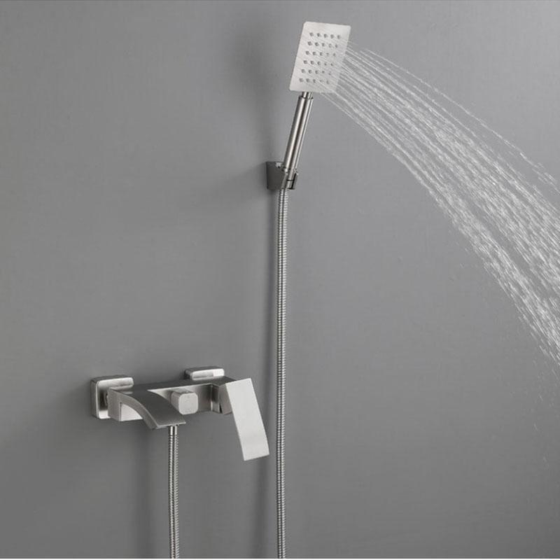 304 Stainless Steel Bathroom Shower Faucet Set Wall Mount Waterfall Bathroom Bathtub Faucet Set Handheld Shower Head Nickel