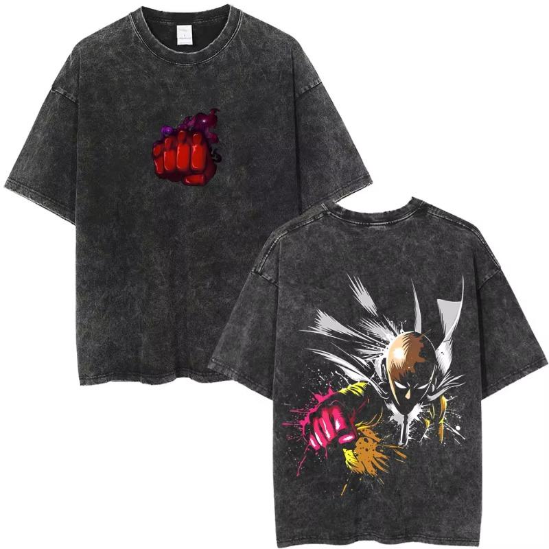 Gewaschenes Vintage Anime One Punch Man Saitama Saitamas Fitnessstudio Lustiges Meme Grafik T-Shirt Herren Damen Fitness Freizeit Übergroße T-Shirts