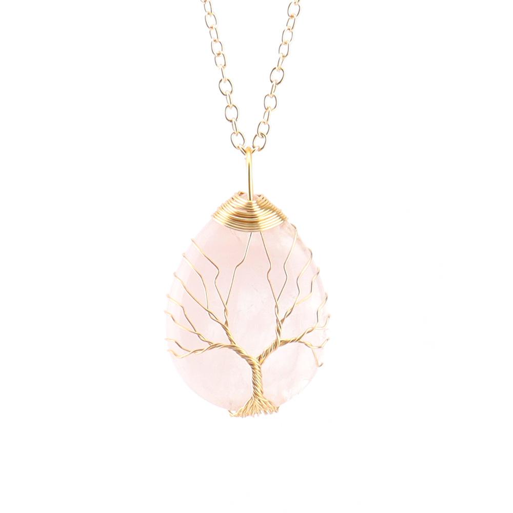 Natural Crystal Water Drop Leaf & Tree of Life Pendant Necklace for Women, Alloy Woven Jewelry Accessory N749