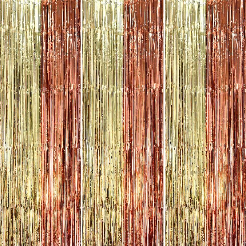 3 Pack 3.3x8.2 Feet Gold Foil Fringe Backdrop Curtains, Tinsel Streamers, Fringe Backdrop for 2025 New Years Eve, Graduation, Birthday, Baby Shower,