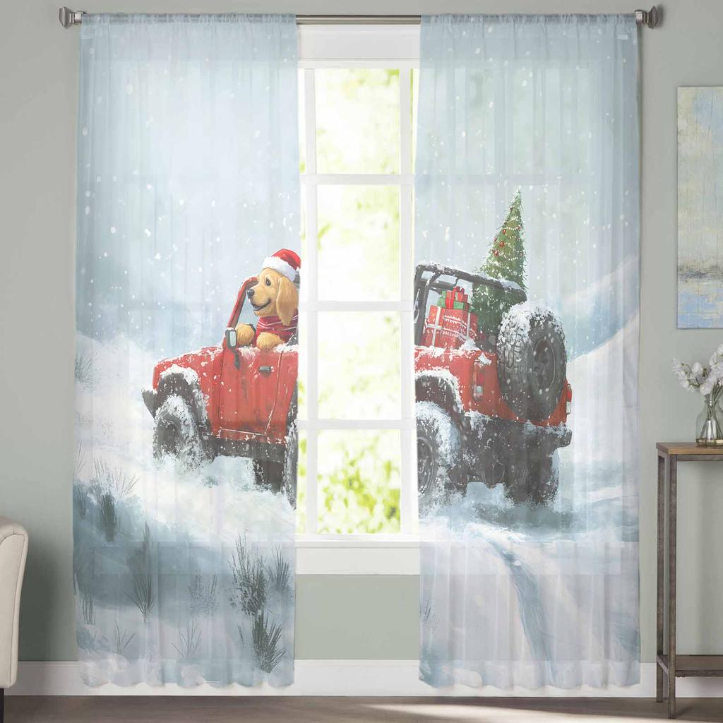 Weihnachten Winter Goldene Haarvorhänge für Wohnzimmer Schlafzimmer Heimdekoration Fenster Voile Tüll Vorhang Drapierungen