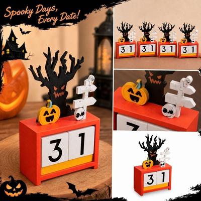 Halloween Holzkalender mit Kürbislichtern - Tischdekoration für saisonalen Laden
