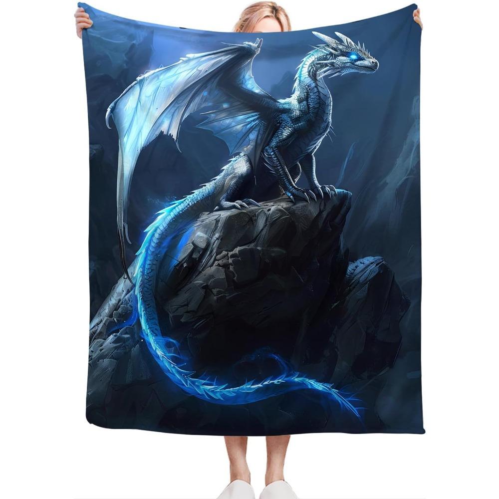 Mystical Blue Dragon Flannel Blanket – Super Soft Warm Throw – Magical Mountain Design – Cozy Plush for Home Decor 130x150cm51x59in