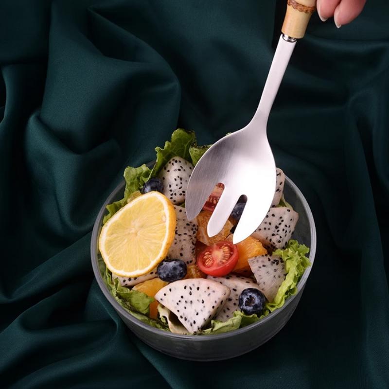 1 Stück Bambusgriff Besteck Salatgabel Löffel Besteck Spiegel Edelstahl Besteck Western Heim Küche Geschirr