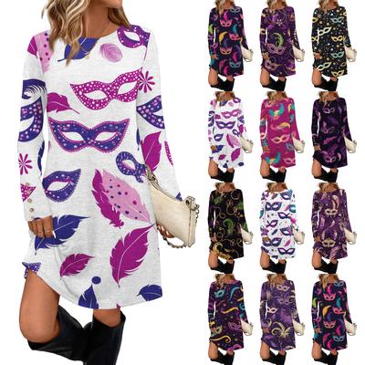 Women's Fashion Casual Pocket Decorative Button Dress Round Neck Long Sleeve Printed Dress