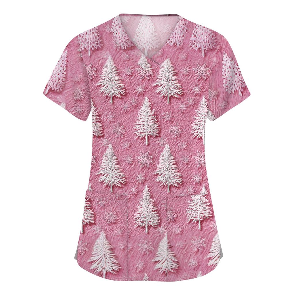 Dámské módní pracovní oděvy s krátkým rukávem a výstřihem do V s kapsami Vánoční topy s potiskem