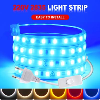 AC 220V 2835 LED Strip Light with Switch EU Plug 5m 20m 30m Warm White Red Green Blue Pink 120 LED Waterproof Flexible Tape 0.5m