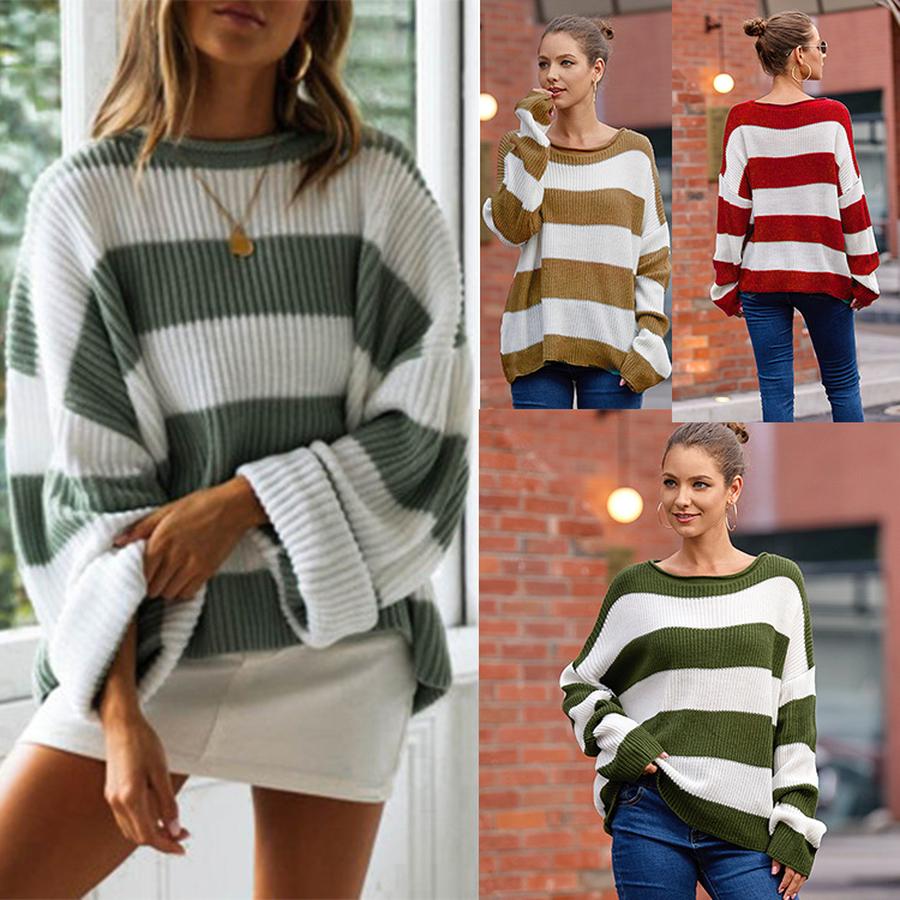 Women's Autumn New Fashion Striped Color Block Knit Sweater with Ribbed Crew Neck