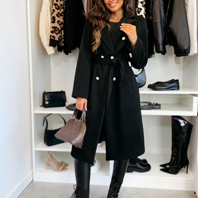 Women's Commuting Coat Winter Temperament Street Trend Solid Color Double Breasted Buckle Long Sleeve Tied Woolen Coats