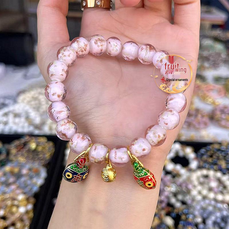 Pink Gold Flake Glazed Women s Luck Bead Bracelet with Ash Porcelain and Gold Foil