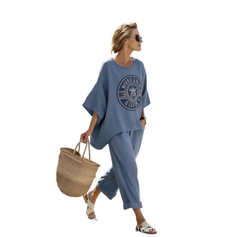 Women's casual two-piece set, loose vacation bohemian style independent sun rainbow print casual set for women