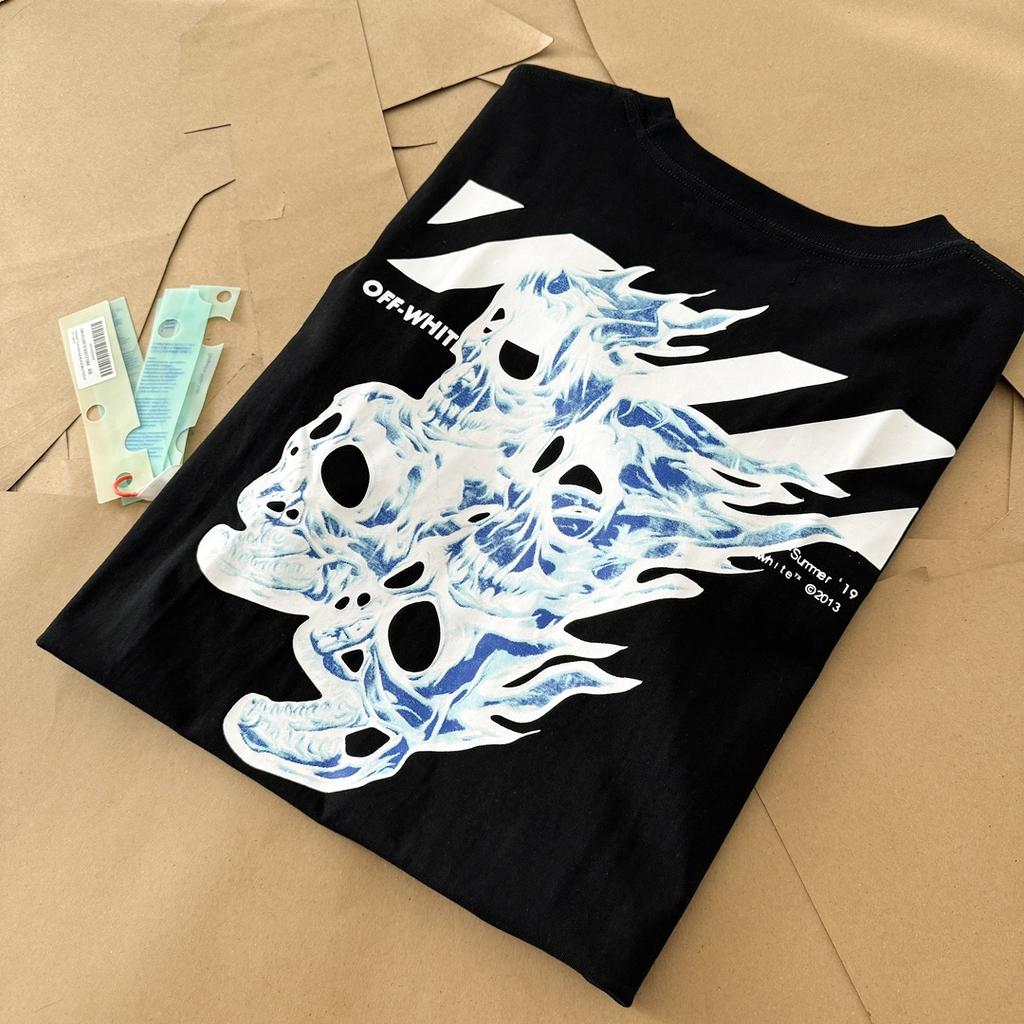 Off-White 2025 Sommer Neues blaues T-Shirt mit Geister- und Feuerschädel-Print, kurzärmelig, für Männer und Frauen, Paar-T-Shirt
