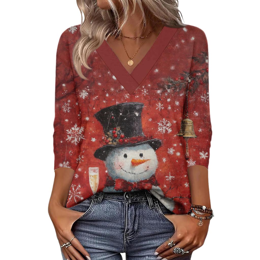 Women's Loose Comfortable Casual Fashion V-Neck Christmas Print 3/4 Sleeve Top