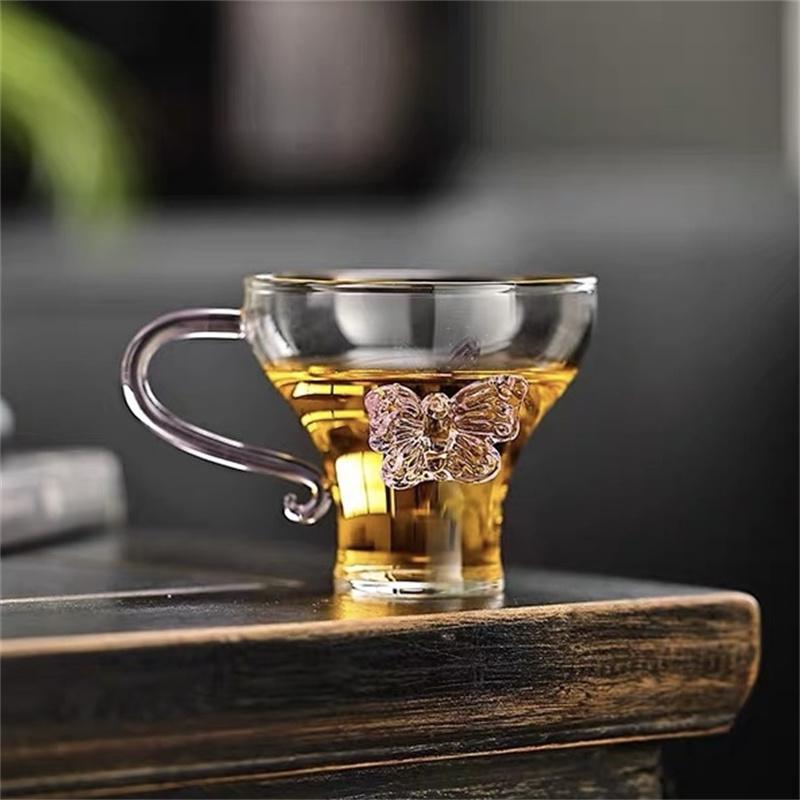 100ml Small Capacity Elegant Pink Butterfly Glass Mug Curved Handle Clear Coffee Tea Cup High Borosilicate Glass Cup Drinkware