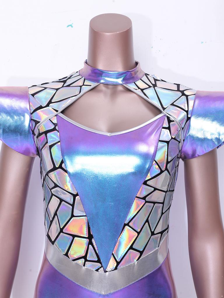 Dames Alien Cosplay Bodysuit Metallic Kleurovergang Pailletten Cut-out aan de voorkant Hoge hals Vliegmouw Leotard voor Halloweenfeest Optreden