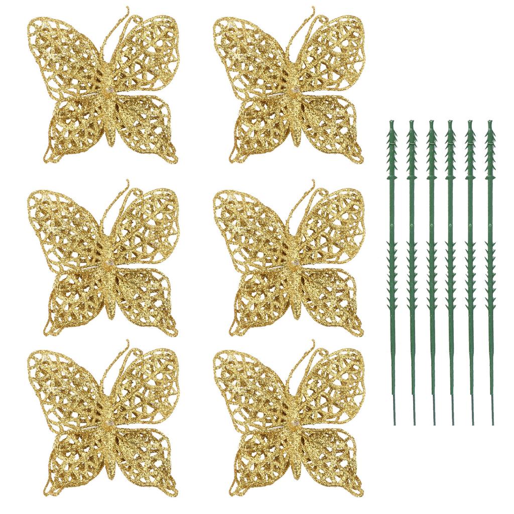 6Pcs 15Cm Red Christmas Butterfly Decorations Festive Sparkling Ornaments for Tree Wreath Wedding Party Home Garden Floral