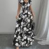 V Neck Short Sleeve Maxi Dress with Floral Print High Waist Elastic Waistband Lightweight Long Gown for Women