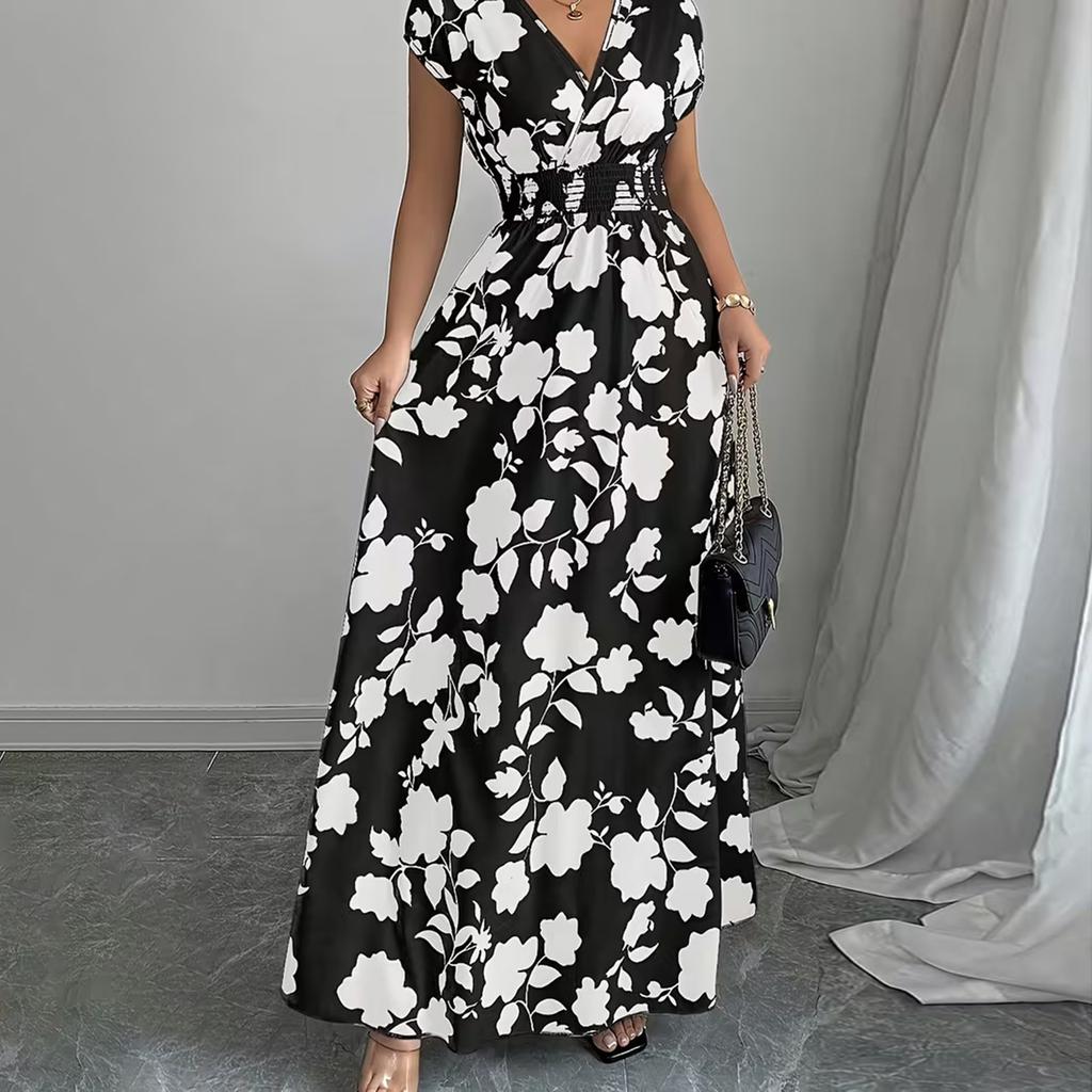V Neck Short Sleeve Maxi Dress with Floral Print High Waist Elastic Waistband Lightweight Long Gown for Women