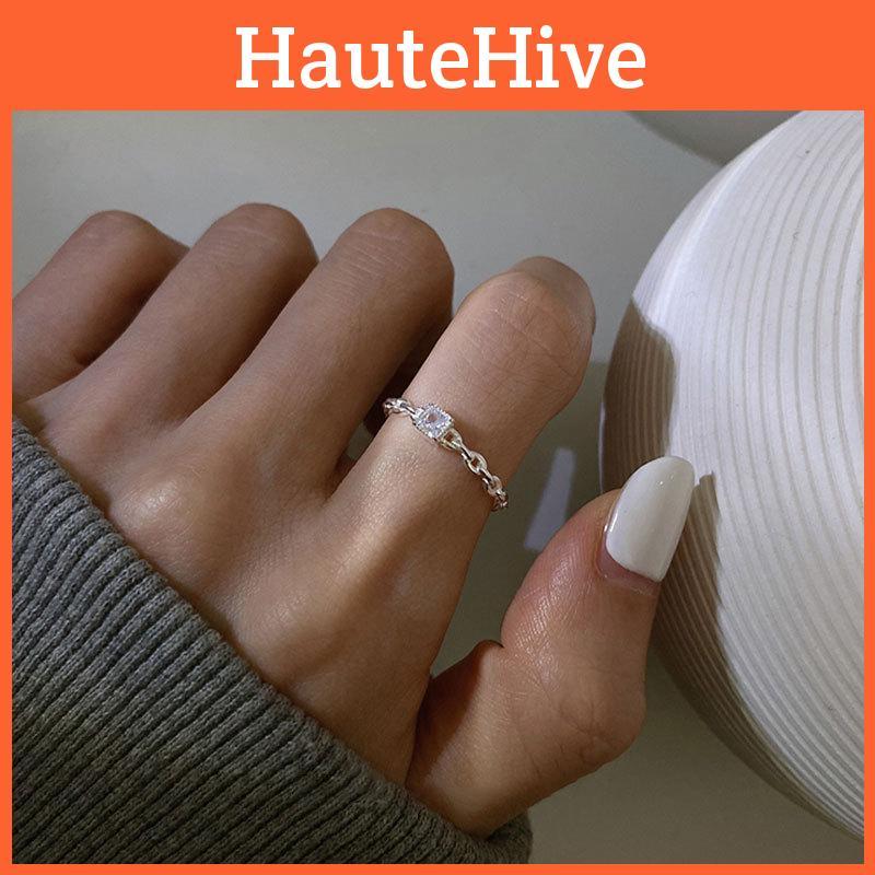 Fashionable Korean Version Pure Silver Open Adjustable Ring With Diamond Accent