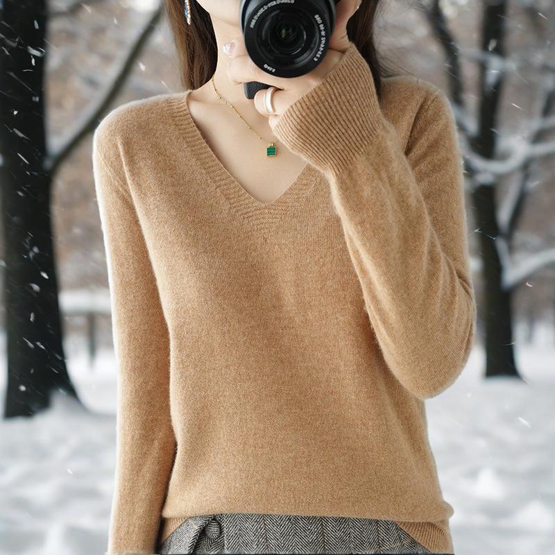 Jednobarevný pletený spodní svetr s výstřihem do V, tenký svetr, westernový styl, vnitřní vrstva
