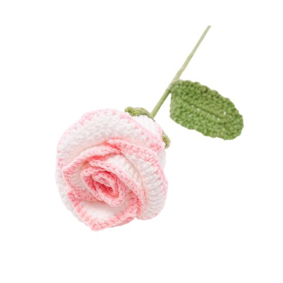 Handmade Crochet Rose Flower Knitted Rose Bouquet with Leaves Valentine's Day Anniversary Birthday Artificial Rose Gift for Women Teacher Mom Friend