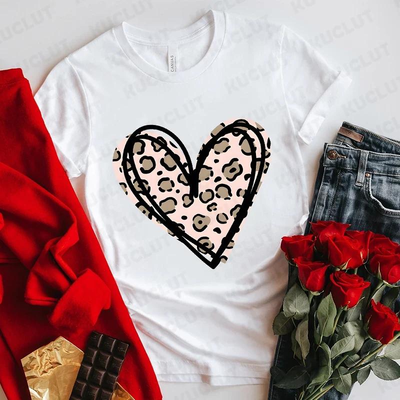 Fashion Unisex Tshirts Leopard Love Heart Print Tops Short Sleeve Clothing Ladies Harajuku Valentines Day Female Clothing