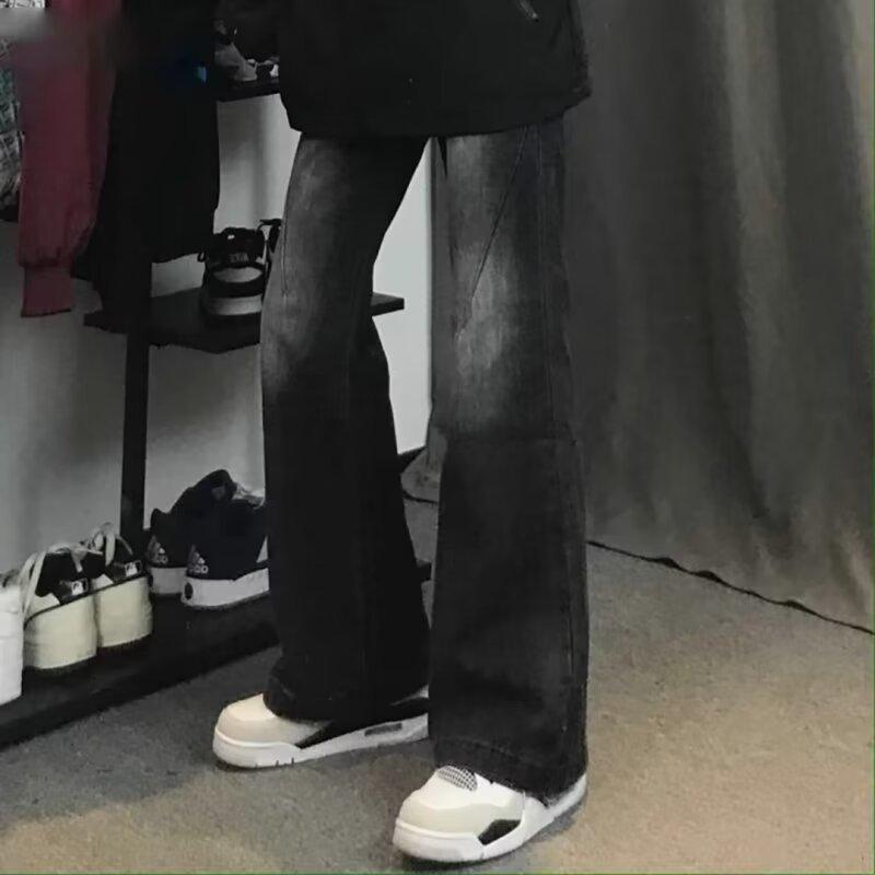 Black and gray gradual change jeans men's American high street vibe pants gear version straight tooling slim-fitting pants