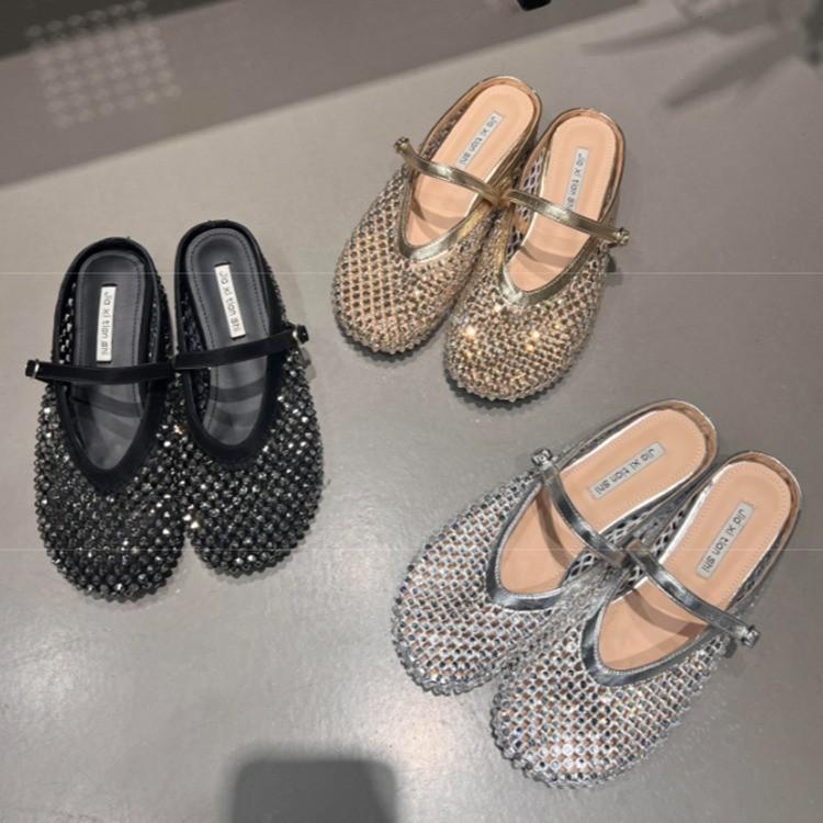 Premium Sense Rhinestone Mary Jane Bag Head Half Slippers Women's 2025 New Summer Outer Slippers French Cool Slippers