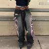 Pantaloni Larghi in Denim Stampati Vintage Vita Alta Vestibilità Larga Streetwear Unisex Lunghi