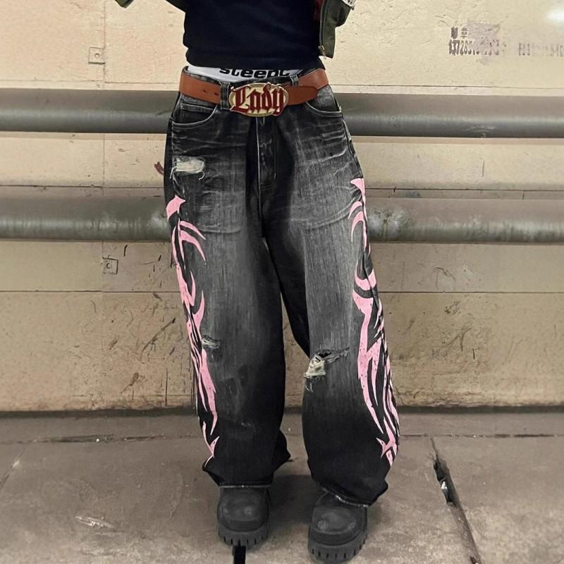 Vintage Print Wide Leg Denim Pants High Waist Loose Fit Streetwear Unisex Long Trousers
