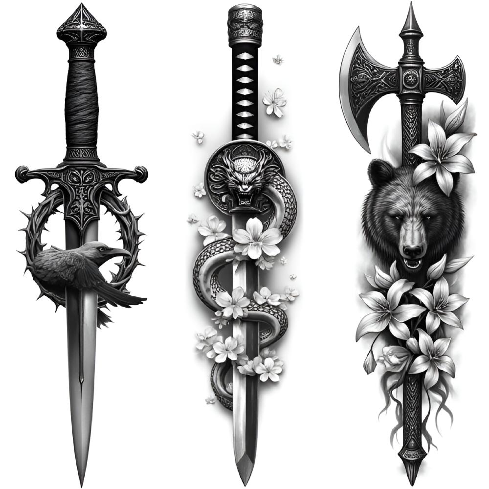 3pcs Temporary Tattoo Sword With Glowing Heart Realistic Temporary Tattoos Sword With Bear And Flowers For Thighs Adults Arms
