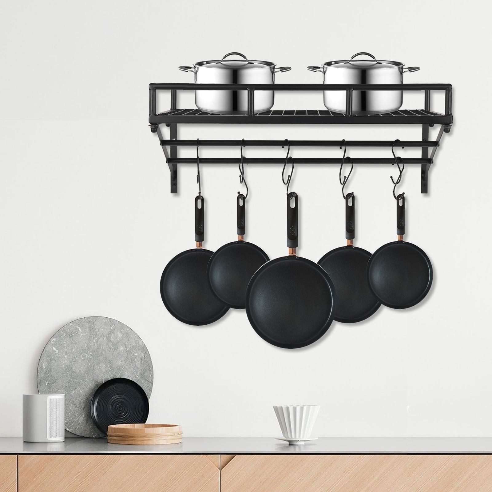 

Modern Kitchen Wall Mounted Storage Shelf - Cookware Pan Pot Organizer Rack W/ 10 Hooks,Space-Saving Design,Max Load 20kg/44lbs чёрный