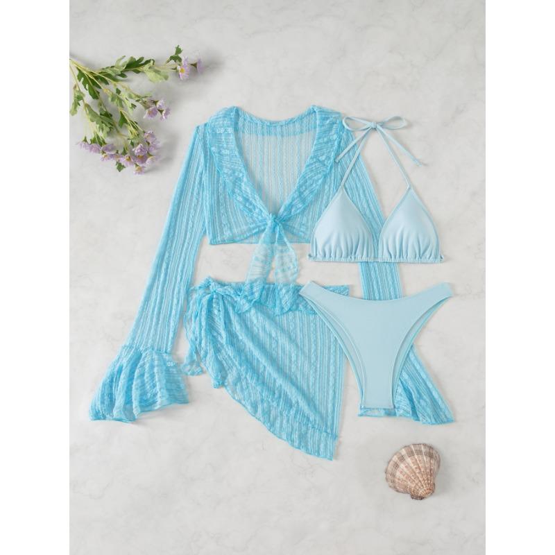 Neues Europäisches und Amerikanisches Einfarbiges Netz Langarm Bluse Badeanzug Strand Bikini Geteilter Badeanzug Damen Vier-teiliges Set