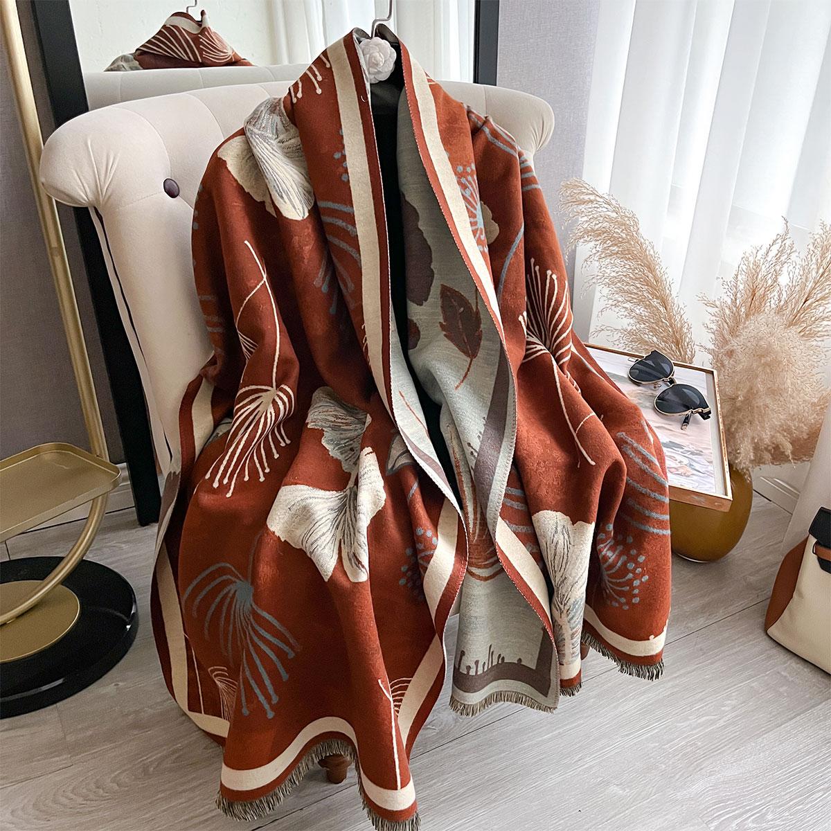 

Elegant Leaf Jacquard Imitation Cashmere Scarf Winter Thickened Warm Double-Sided Shawl Cold Wind Blanket Scarf for Women
