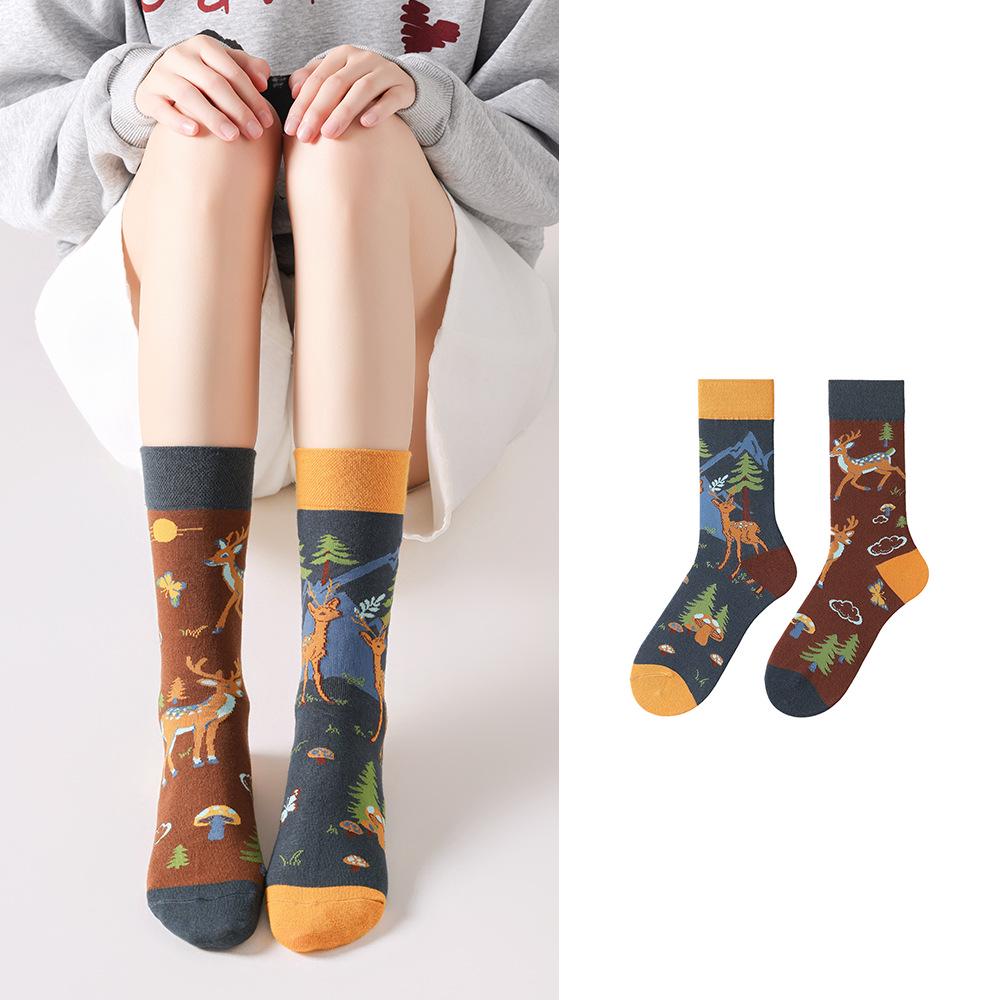Children's Cartoon Sports Socks, Mid-Calf, Asymmetrical Mandarin Duck Design, Cotton Trendy Pair