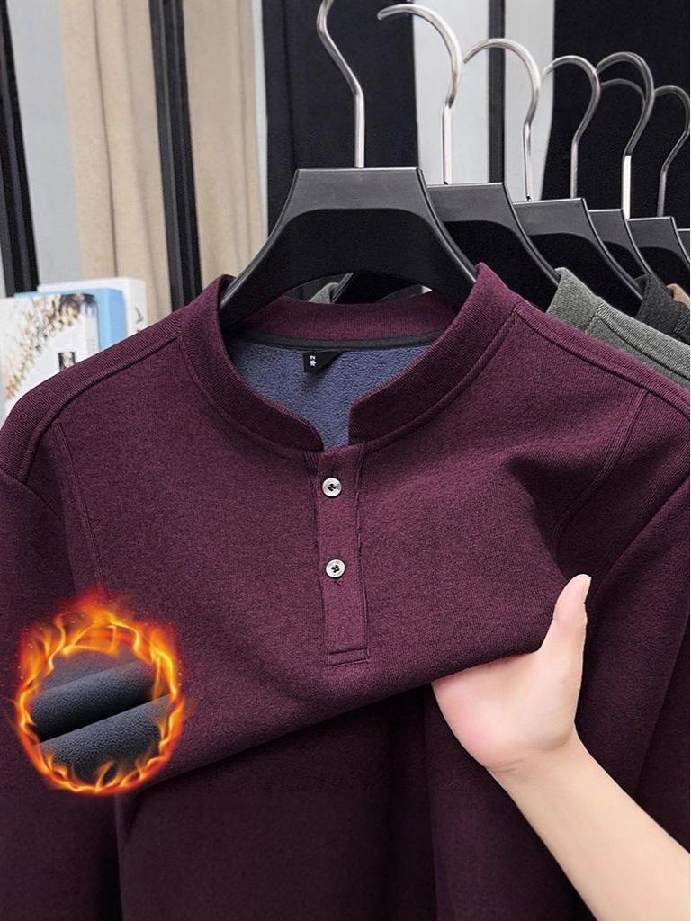 Men's Solid Color Fleece-Lined Sweatshirt, 2025 Autumn/Winter Collection - Thick, Double-Sided German Fleece, Round Neck, Casual Warm Base Layer