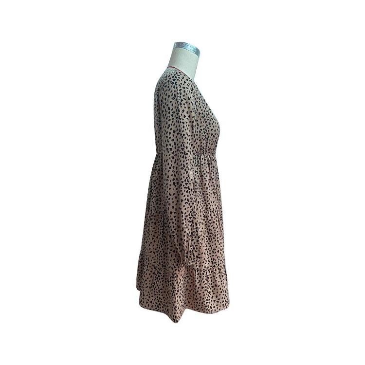 Leopard Print Women's Spring Dress V Neck Lantern Sleeve High Waist Pleated