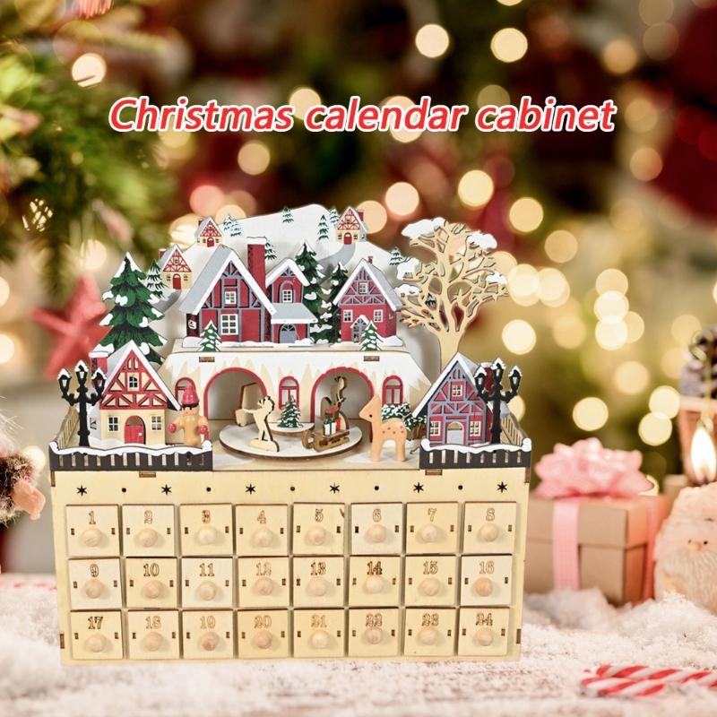 Hand Carved Christmas Advent Calendar Wooden Cabinet With 24 Compartments Drawers Box For Festival Organization