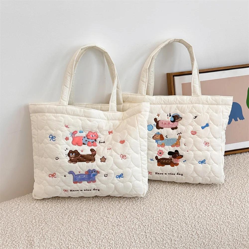 Cute Cat Embroidered Ladies Bento Handbags Carto Quilted Women's Shopping Mommy Bag Simple Female Book Tote Shoulder Bag