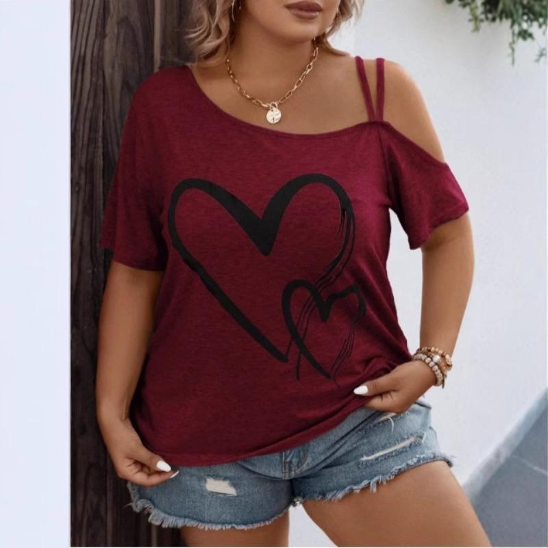 Large Casual Asymmetrical Collar with Heart-shaped Printed Suspender and Elastic Short Sleeves Women's T-shirts