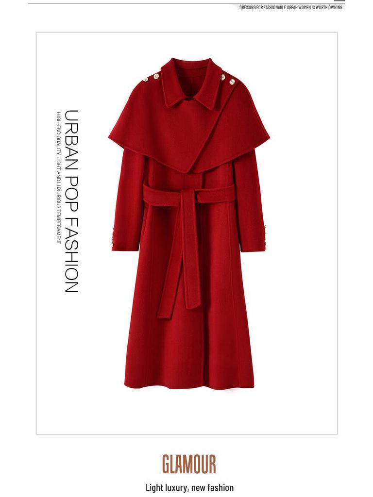 Women's Double-Sided Wool Coat, Extra Long Hepburn Style with Detachable Shawl – Fashionable Autumn/Winter Outerwear
