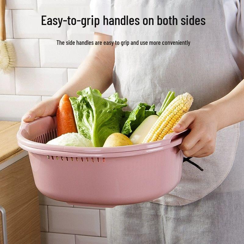 Double-Layer Plastic Vegetable and Fruit Washing Basket with Drainage