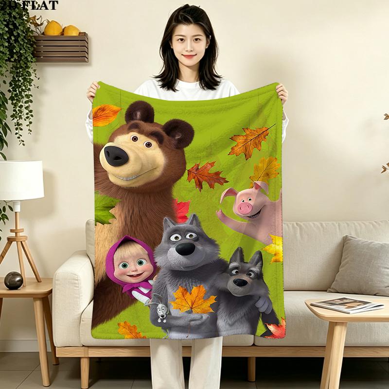 Cartoon Masha Bear Print Flannel Blanket High Quality Warm Comfortable Cover for All Seasons Perfect for Gifts Home Decor