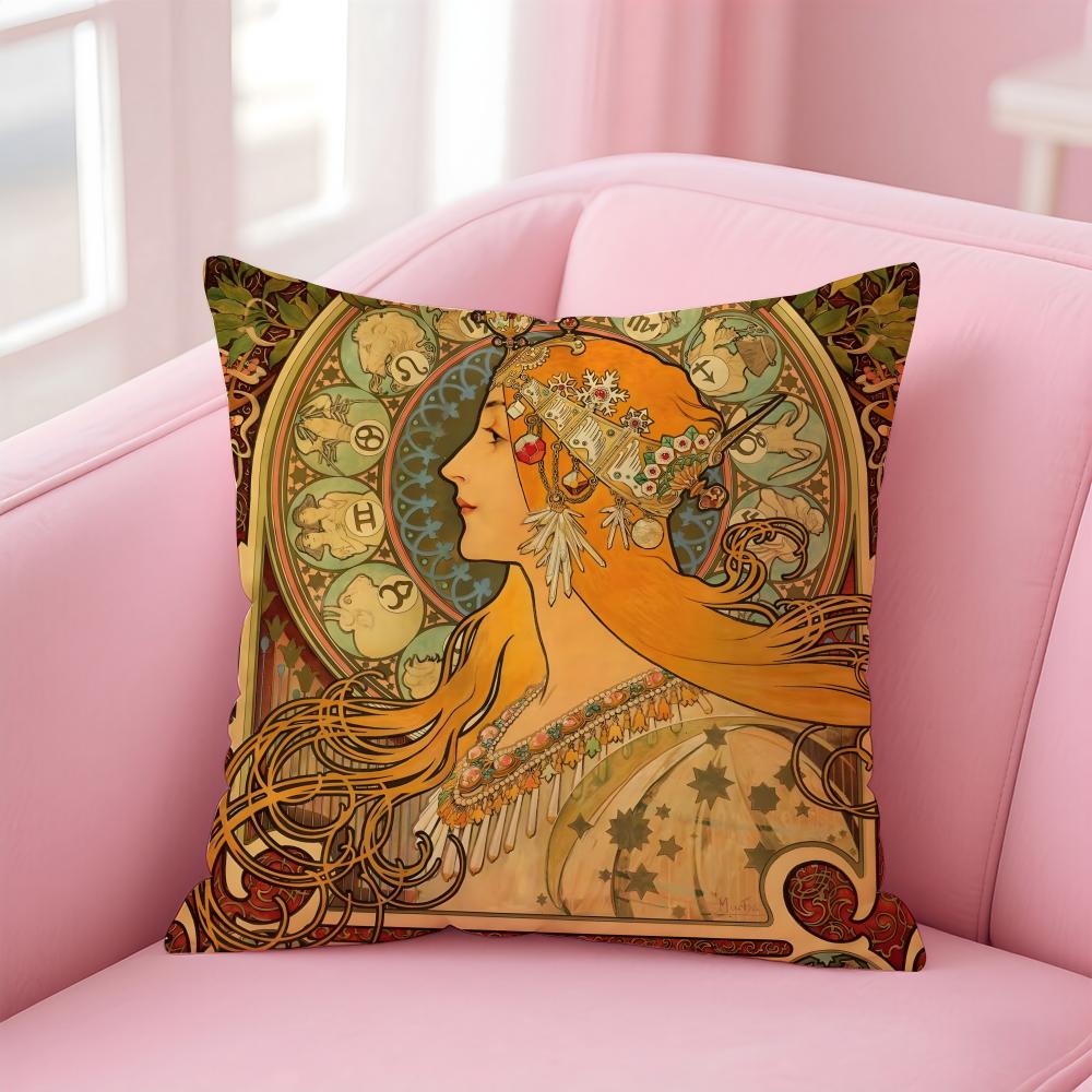 artistic AAlphonse Maria Mucha Cushion Cover Pillow Case Soft Skin Friendly Fabric Comfort Concealed Zipper