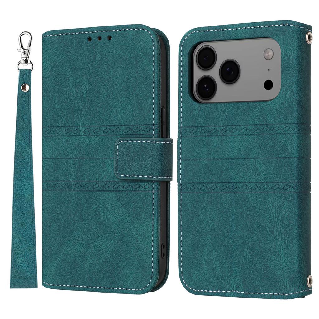 For iPhone 17 Pro Max Case Wallet Skin-Touch Leather Imprinted Phone Cover with Wrist Strap