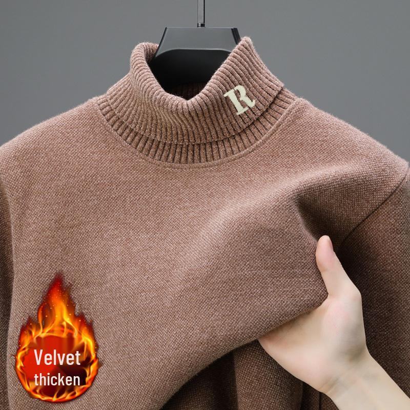Men's Thick Velvet Sweater - High Collar, Solid Color, Winter Knit Base Layer