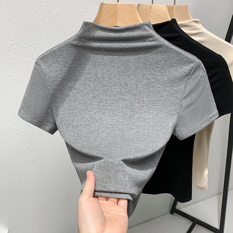 

Рубашка с полуворотником, женская, новая, женская, однотонная, внутренняя, европейская, рубашка, темперамент, топ с короткими рукавами и поясом XL серый